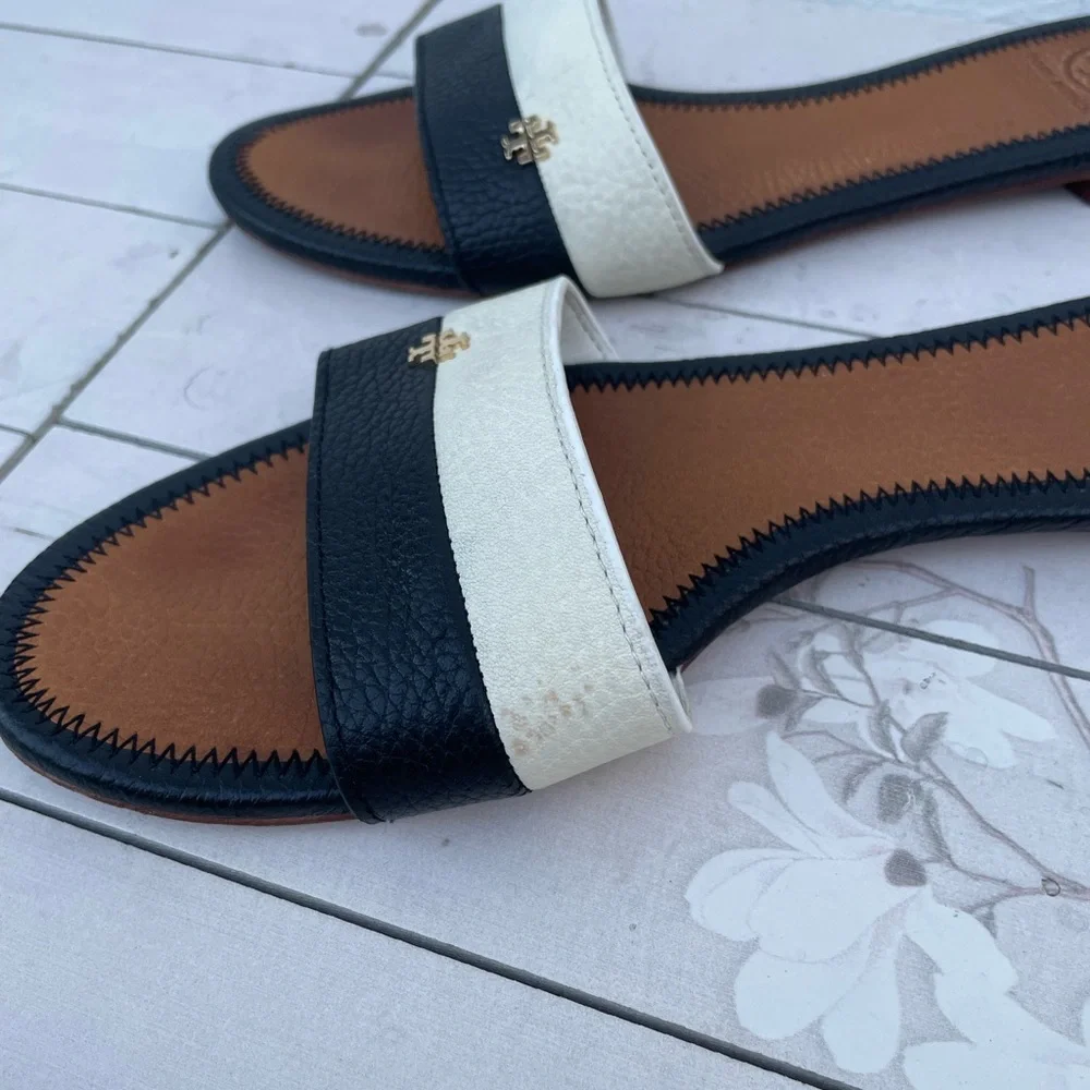 Tory Burch Black and White Leather Slide Mules